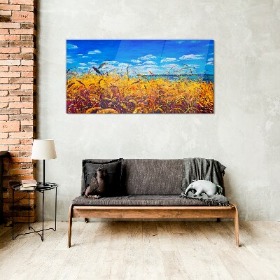 Golden fields under blue sky Glass Wall Art