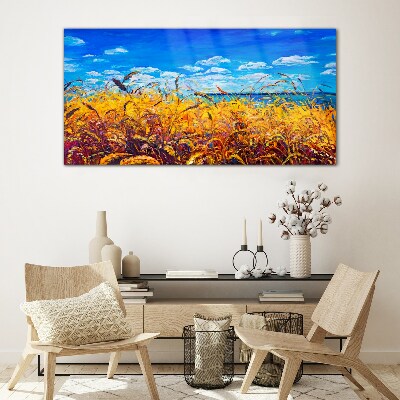 Golden fields under blue sky Glass Wall Art