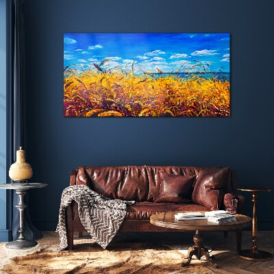 Golden fields under blue sky Glass Wall Art
