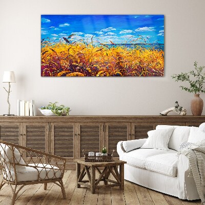Golden fields under blue sky Glass Wall Art