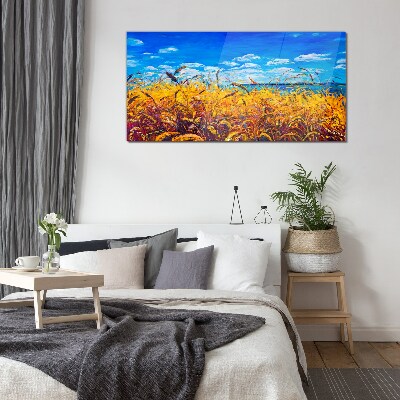 Golden fields under blue sky Glass Wall Art