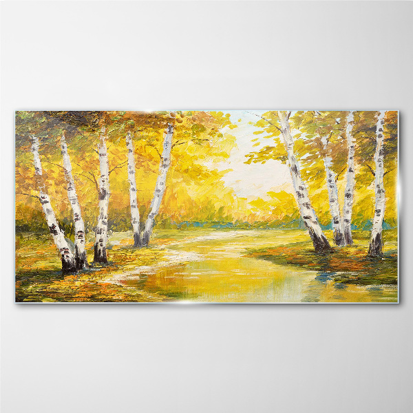 Golden autumn among the birches Glass Wall Art
