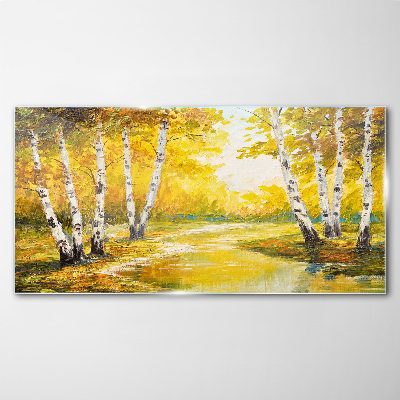 Golden autumn among the birches Glass Wall Art