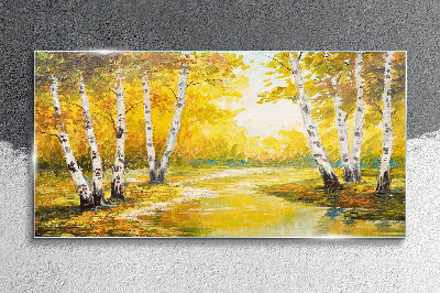 Golden autumn among the birches Glass Wall Art