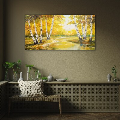 Golden autumn among the birches Glass Wall Art