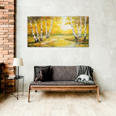 Golden autumn among the birches Glass Wall Art