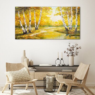 Golden autumn among the birches Glass Wall Art