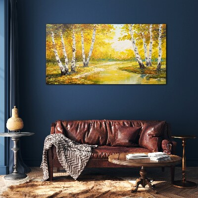 Golden autumn among the birches Glass Wall Art