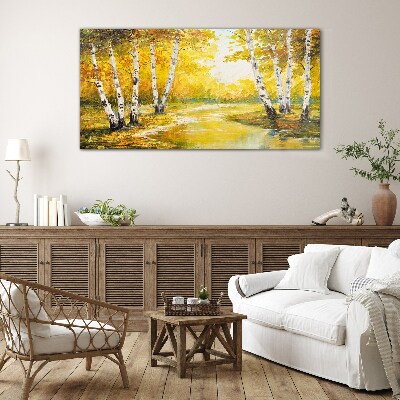 Golden autumn among the birches Glass Wall Art