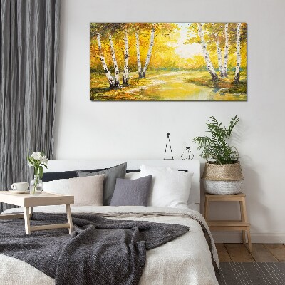 Golden autumn among the birches Glass Wall Art
