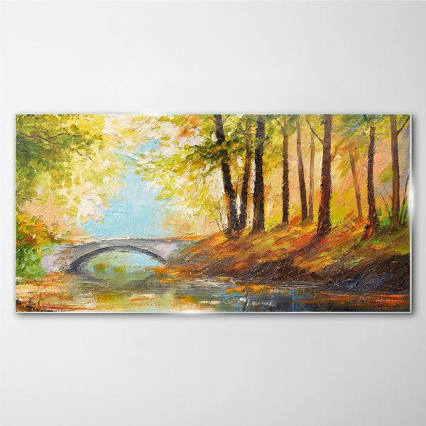 Bridge in the autumn forest Glass Wall Art