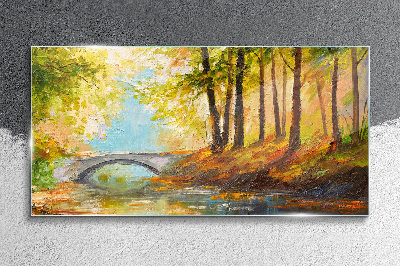 Bridge in the autumn forest Glass Wall Art