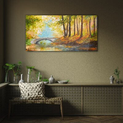 Bridge in the autumn forest Glass Wall Art
