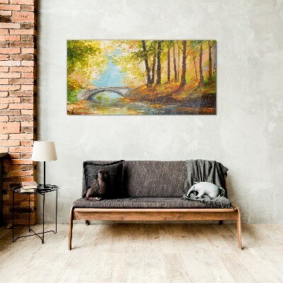 Bridge in the autumn forest Glass Wall Art