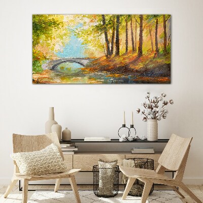 Bridge in the autumn forest Glass Wall Art