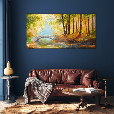 Bridge in the autumn forest Glass Wall Art