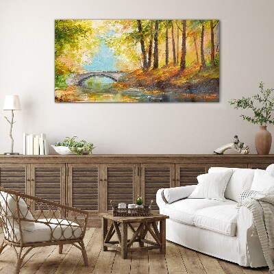 Bridge in the autumn forest Glass Wall Art