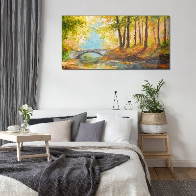 Bridge in the autumn forest Glass Wall Art
