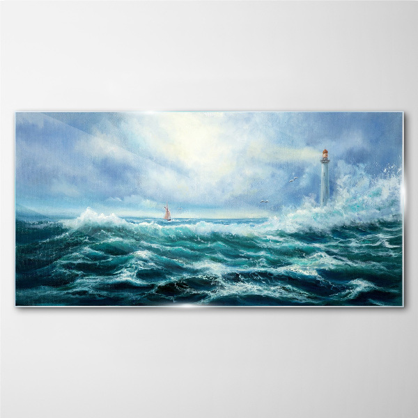 Stormy Sea with Lighthouse Glass Wall Art