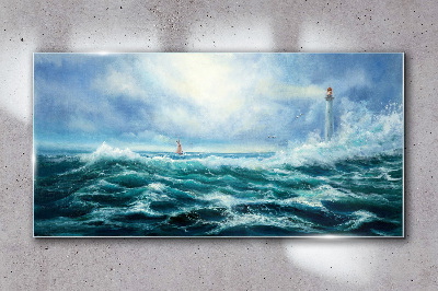 Stormy Sea with Lighthouse Glass Wall Art
