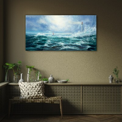 Stormy Sea with Lighthouse Glass Wall Art