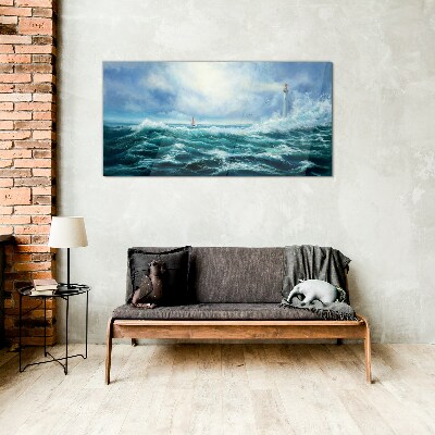 Stormy Sea with Lighthouse Glass Wall Art