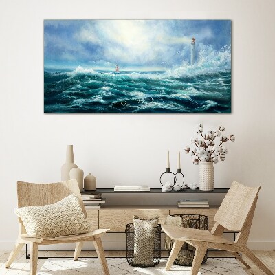 Stormy Sea with Lighthouse Glass Wall Art