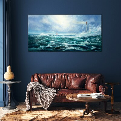 Stormy Sea with Lighthouse Glass Wall Art