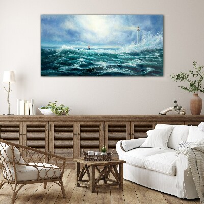 Stormy Sea with Lighthouse Glass Wall Art