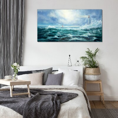 Stormy Sea with Lighthouse Glass Wall Art