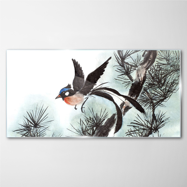 A bird in flight over the pines Glass Wall Art
