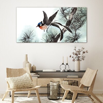 A bird in flight over the pines Glass Wall Art