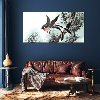 A bird in flight over the pines Glass Wall Art