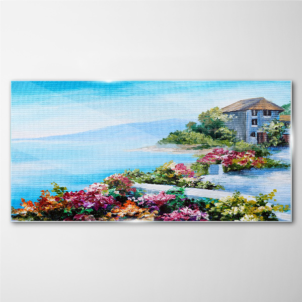 Seaside landscape with flowers Glass Wall Art