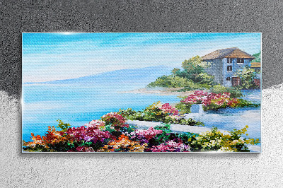 Seaside landscape with flowers Glass Wall Art