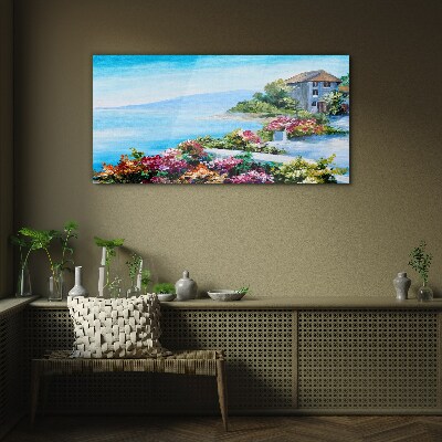 Seaside landscape with flowers Glass Wall Art