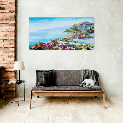 Seaside landscape with flowers Glass Wall Art