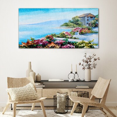 Seaside landscape with flowers Glass Wall Art