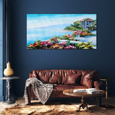 Seaside landscape with flowers Glass Wall Art