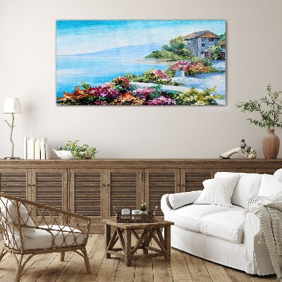 Seaside landscape with flowers Glass Wall Art