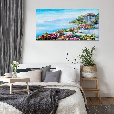 Seaside landscape with flowers Glass Wall Art