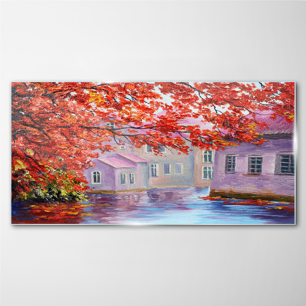 Autumn reflections on the water Glass Wall Art