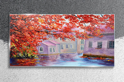 Autumn reflections on the water Glass Wall Art