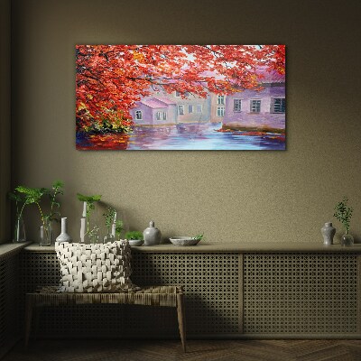 Autumn reflections on the water Glass Wall Art