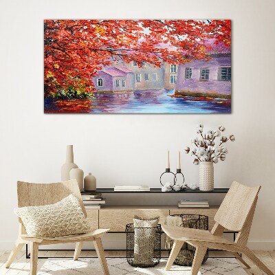 Autumn reflections on the water Glass Wall Art
