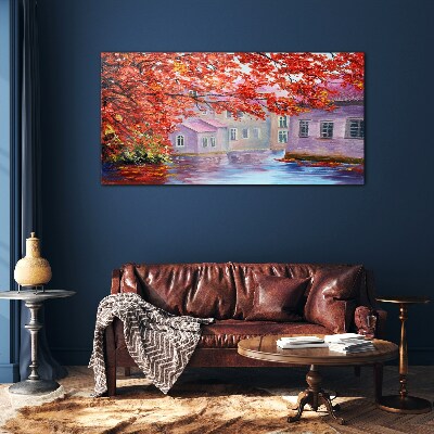 Autumn reflections on the water Glass Wall Art