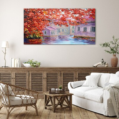 Autumn reflections on the water Glass Wall Art