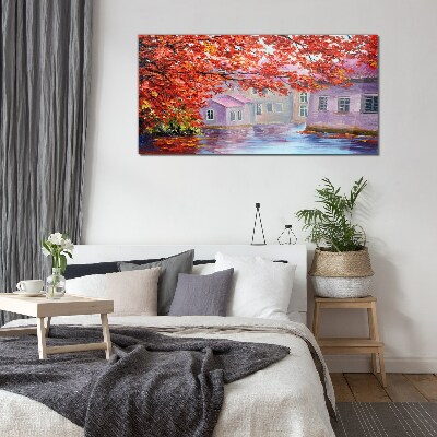 Autumn reflections on the water Glass Wall Art