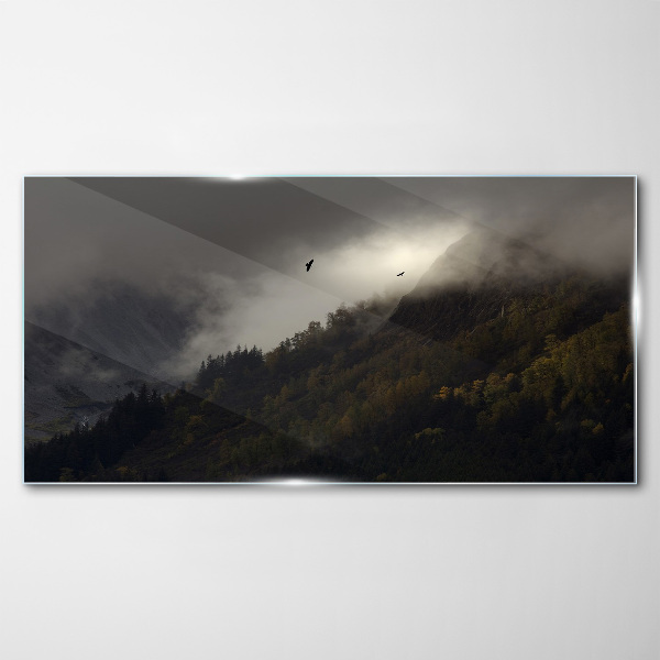 Misty mountain panorama with birds Glass Wall Art