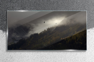 Misty mountain panorama with birds Glass Wall Art